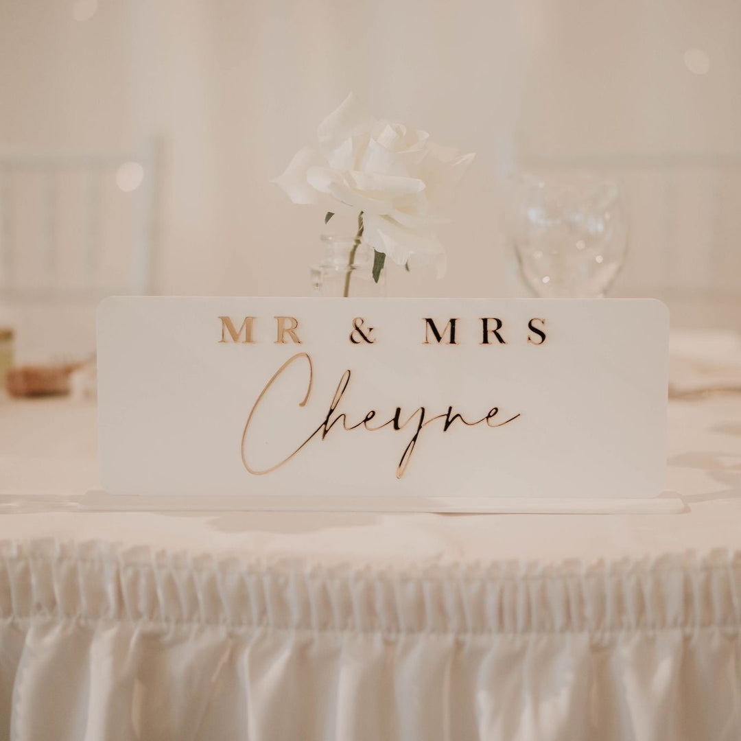 White Acrylic Mirrored Top Table Name Sign