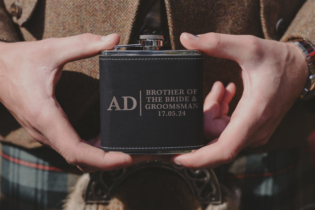 6oz Black Leather Hip Flask - Personalised Bridal Party - Style 1