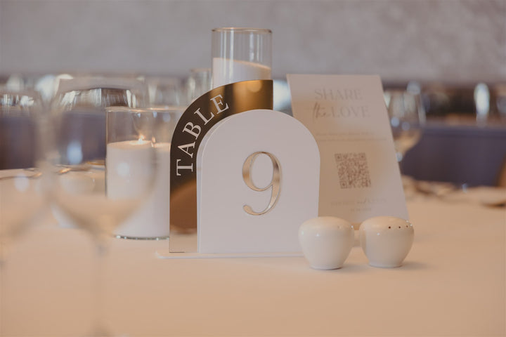 Rental - Table Number - Deluxe Arch - Mirrored Silver & White