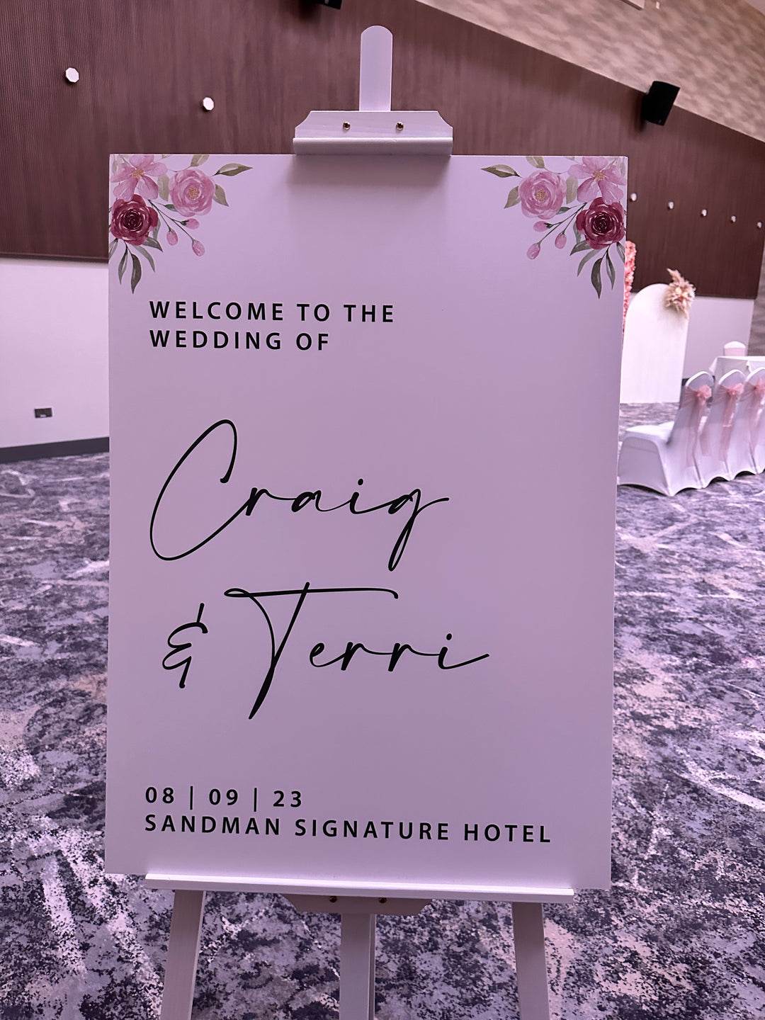 A1 UV Printed Sign - Wedding Welcome Sign - Pink Floral Corners