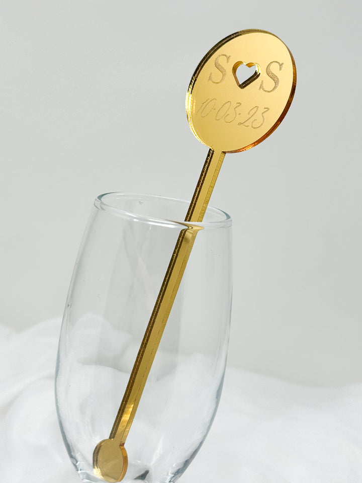 Acrylic Drink Stirrer - Circle - Initials - Heart Cut Out