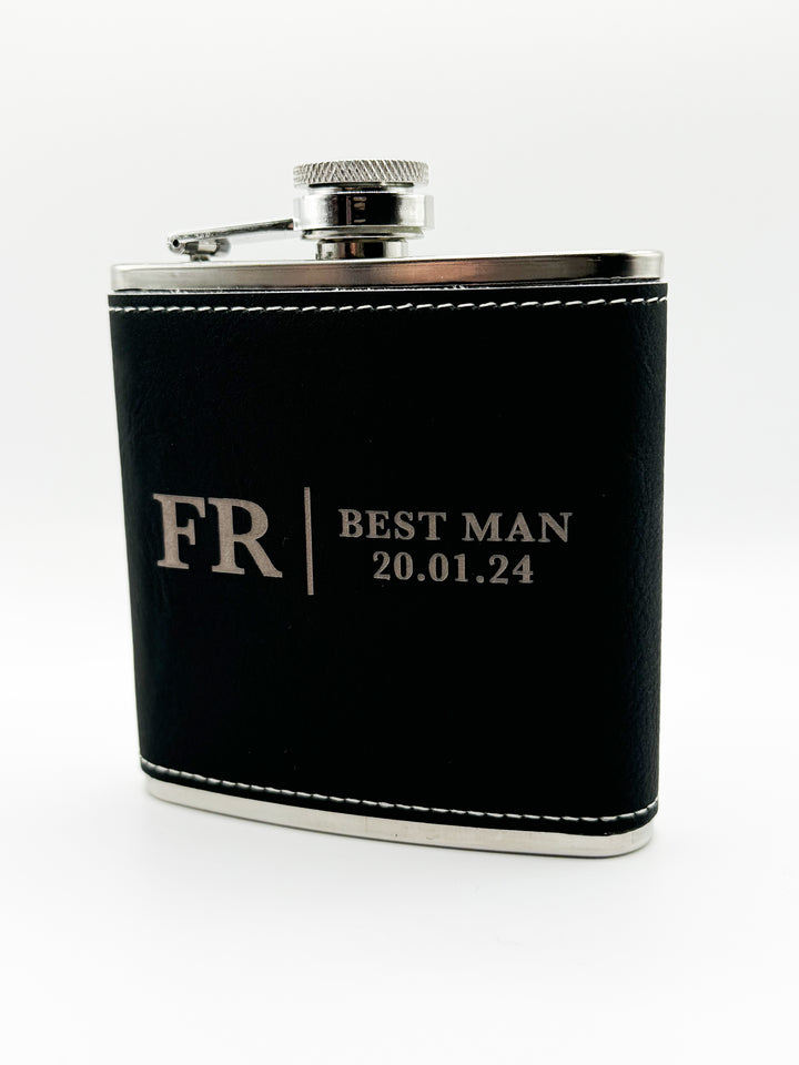 6oz Black Leather Hip Flask - Best Man Personalised - Style 1