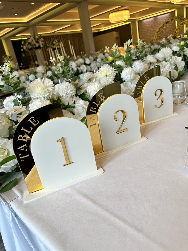 Rental - Table Number - Deluxe Arch - Mirrored Gold & White