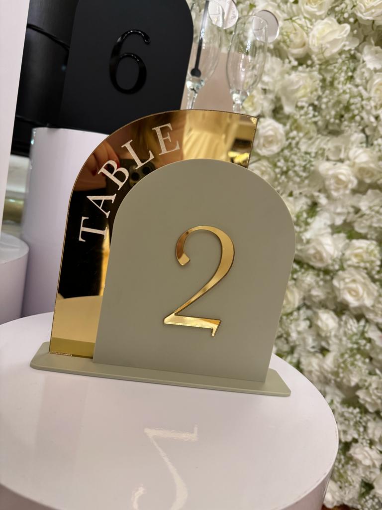 Rental - Table Number -  Deluxe Arch - Mirrored Gold & Sage